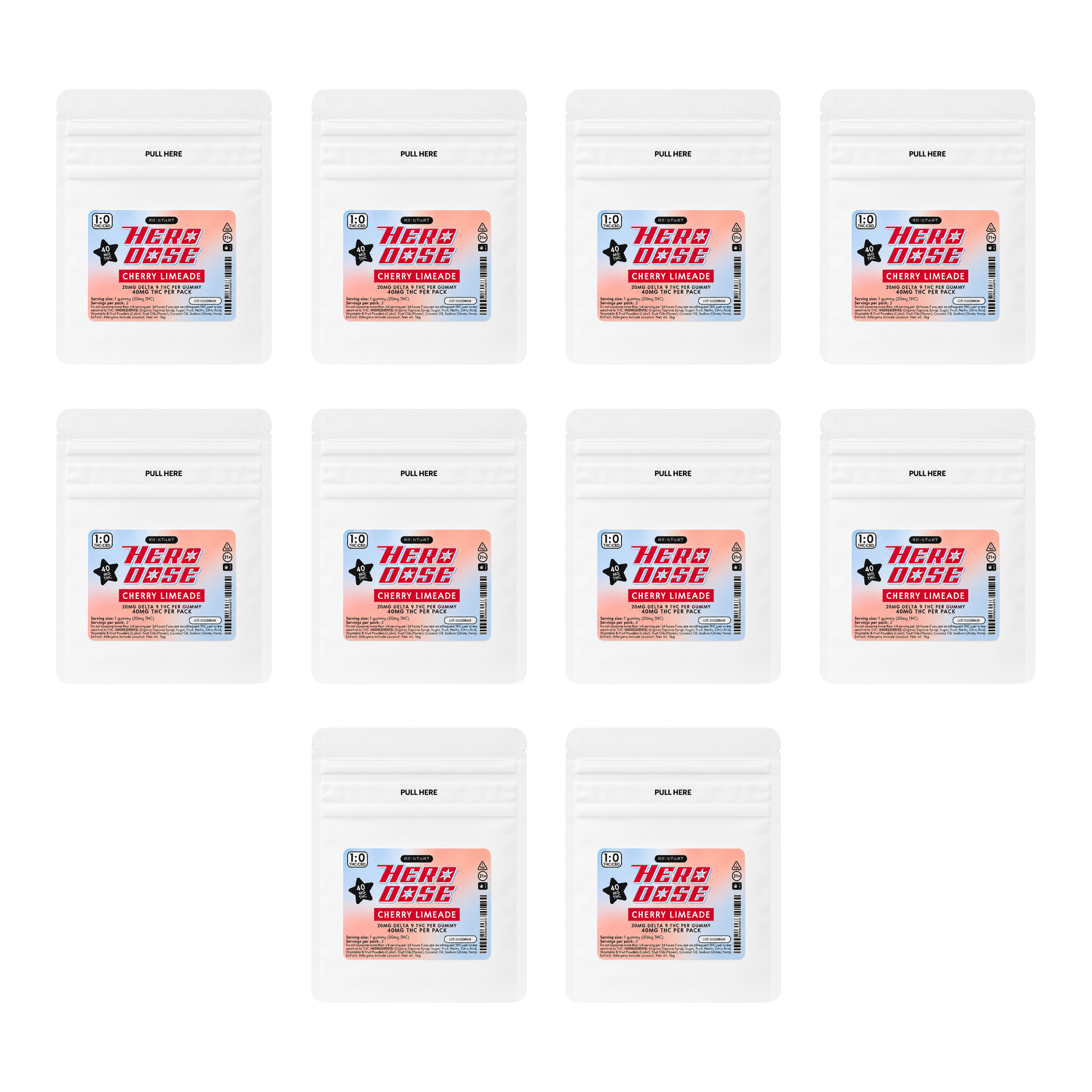 Hero Dose THC 40mg Gummies - Cherry Limeade / 10 x 40MG Sample Packs (Reg. Price $80)